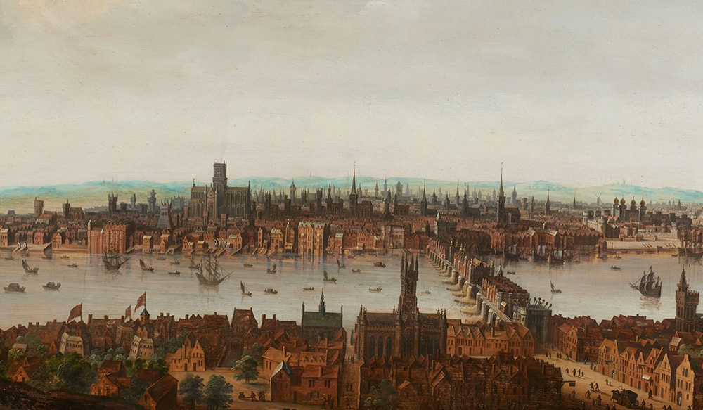 A painting of London from Southwark circa 1630. Including Old London Bridge. Artist unknown.