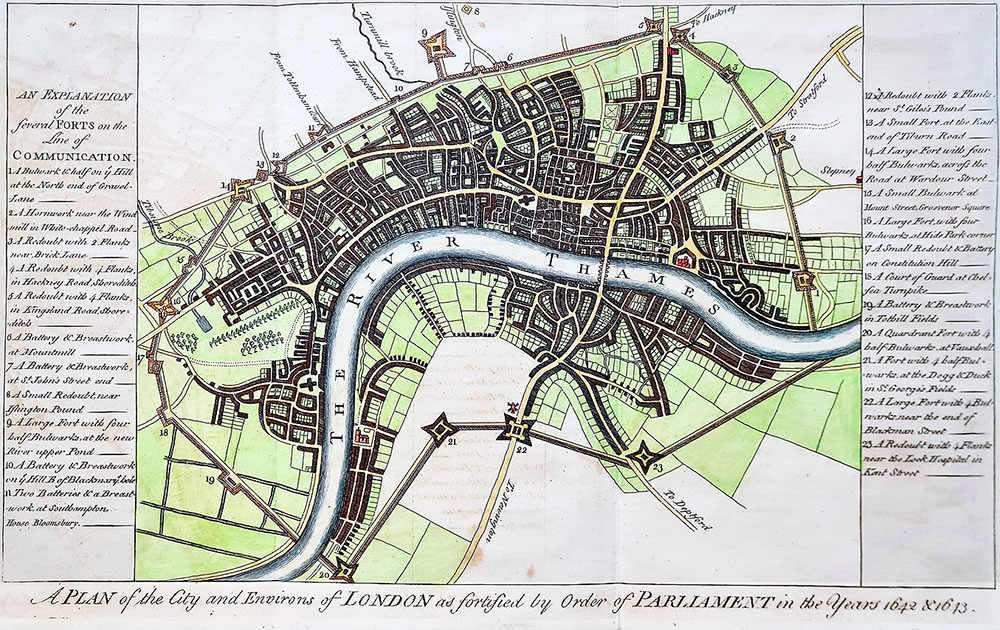 Map of London 1642. A plan made by the order of Parliament. Approximately 400,000 people lived in London by 1640.