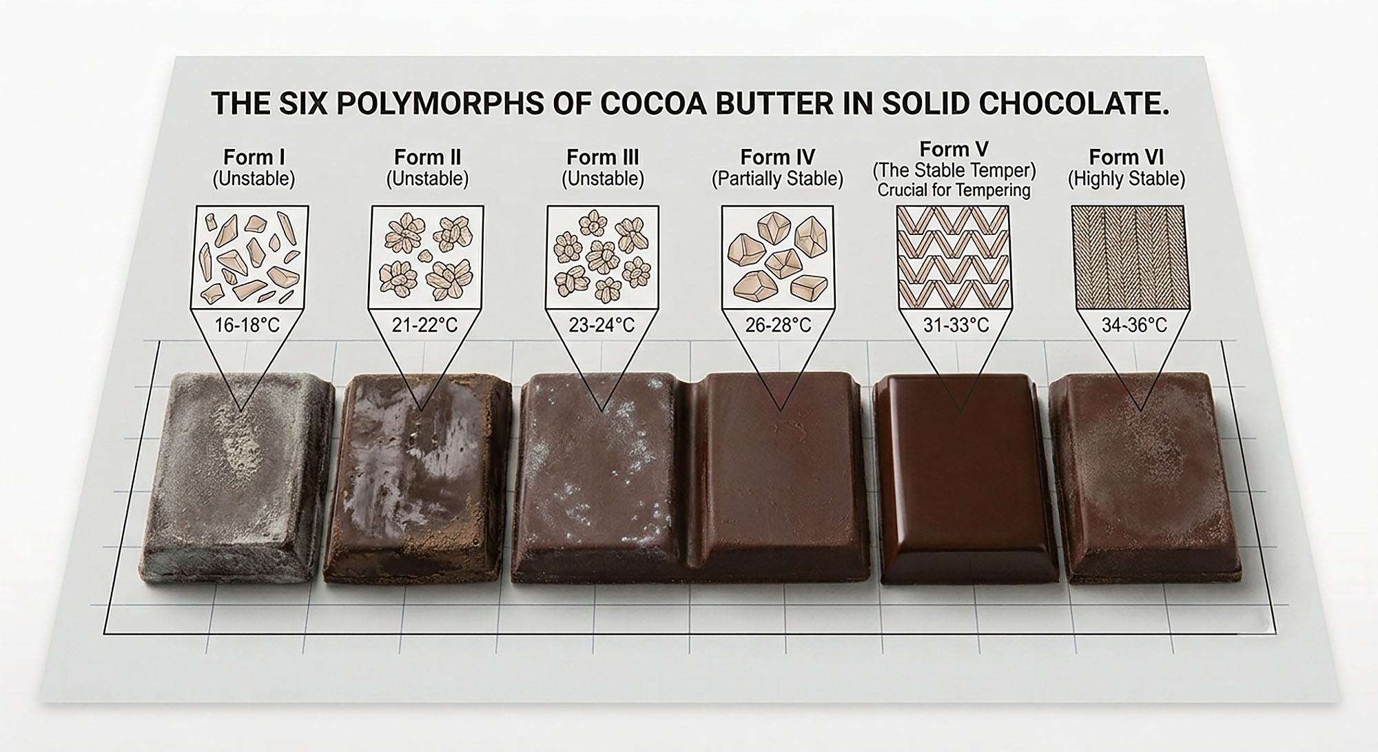 The Six Forms of Cocoa Butter Crystals in Solid Chocolate