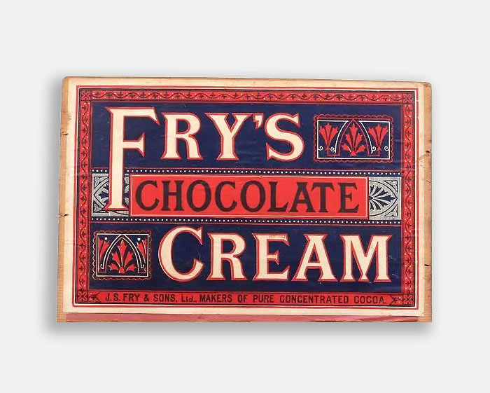 Early style design display box. Fry's Chocolate Cream — the world's first mass manufactured combination chocolate bar.